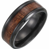 Black Titanium Beveled Edge Comfort Fit Band with Golden Figured Aniegre Wood Inlay